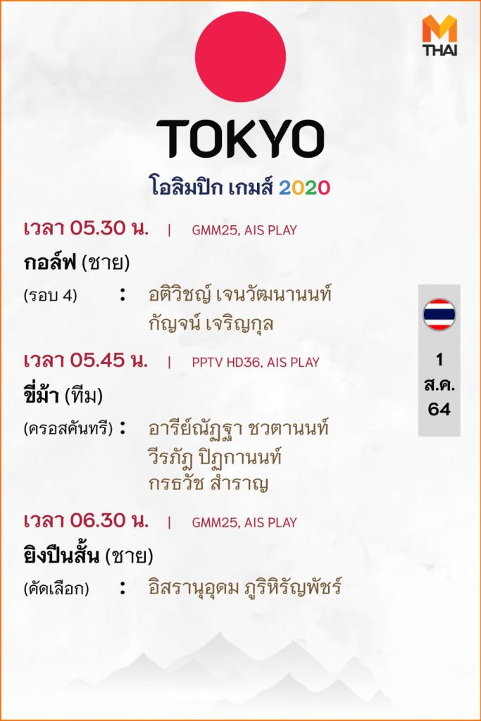 1 ส.ค. 64 โปรแกรมถ่ายทอดสดโอลิมปิกเกมส์ โตเกียว 2020