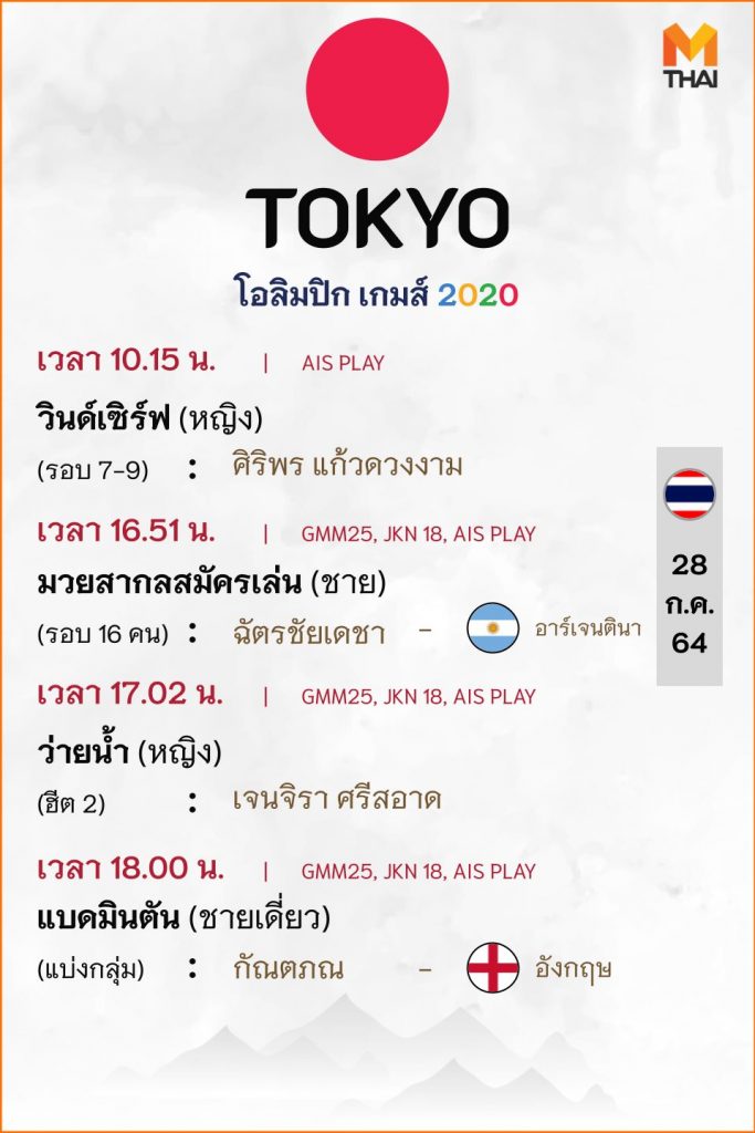 28 ก.ค. 64 โปรแกรมถ่ายทอดสดโอลิมปิกเกมส์ โตเกียว 2020